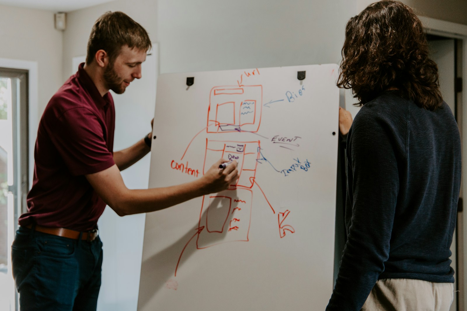 man drawing on dry-erase board discussing business goals